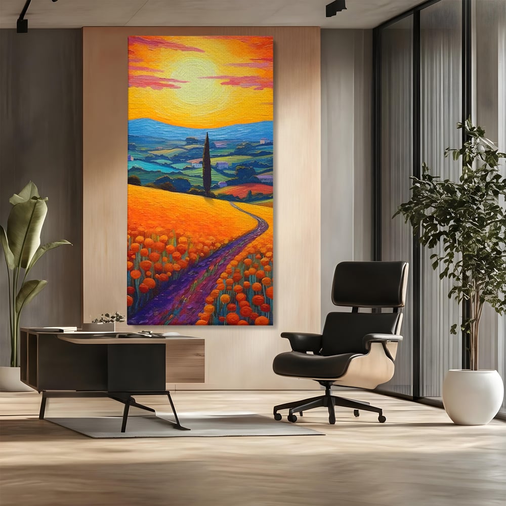 Tablou canvas cu pictura peisaj cu drum si chiparos, fara rama, pe sasiu de lemn, pe perete intr-un birou